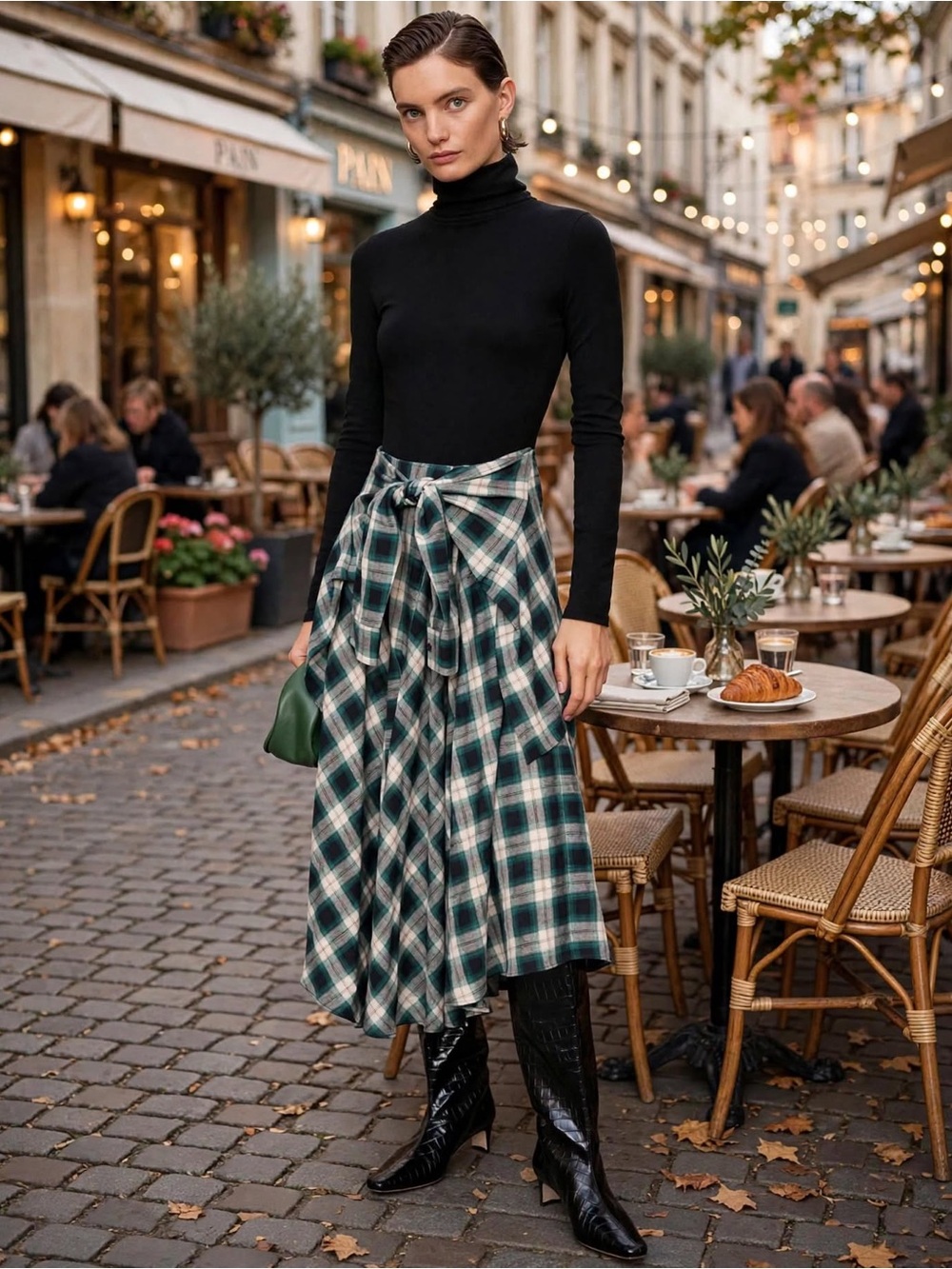 Plaid Midi Tie-Waist Skirt in Green and Cream